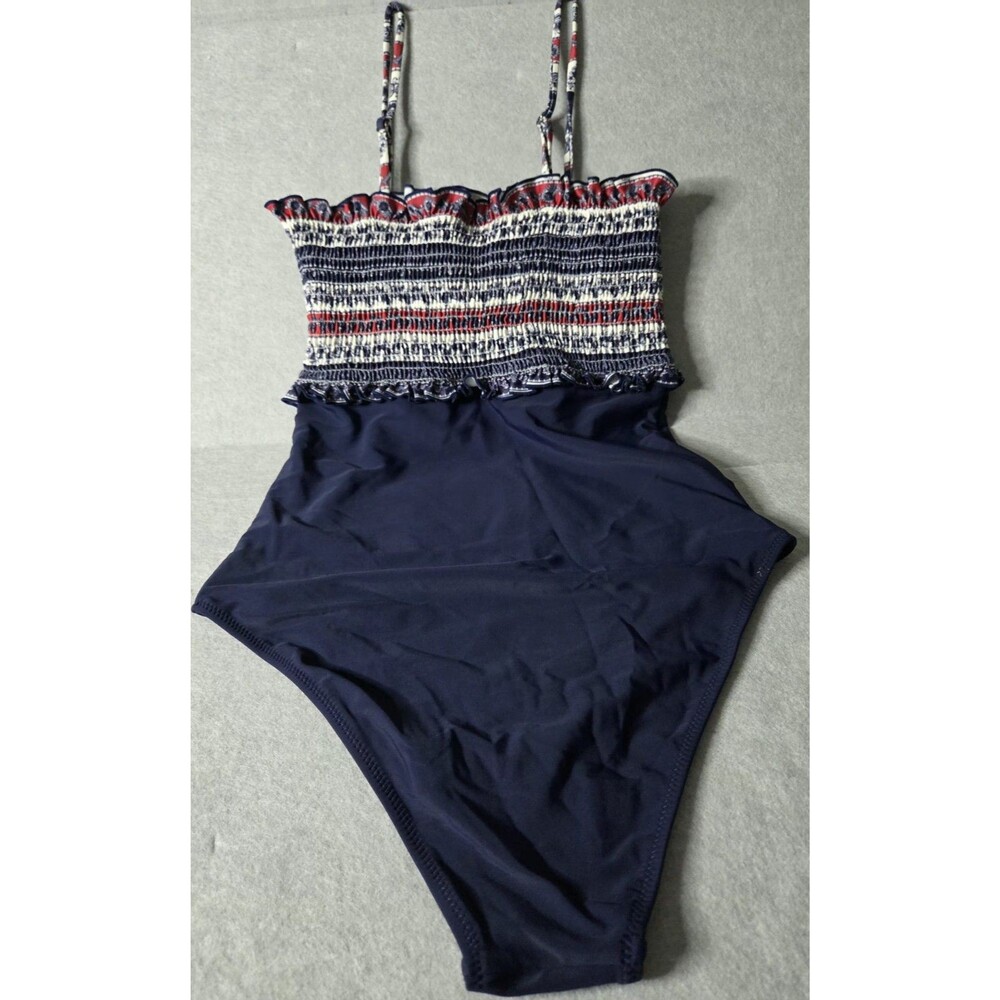 CUPSHE Women's Sz S One Piece Swimsuit Navy Smocked Ruffle High Cut NWT